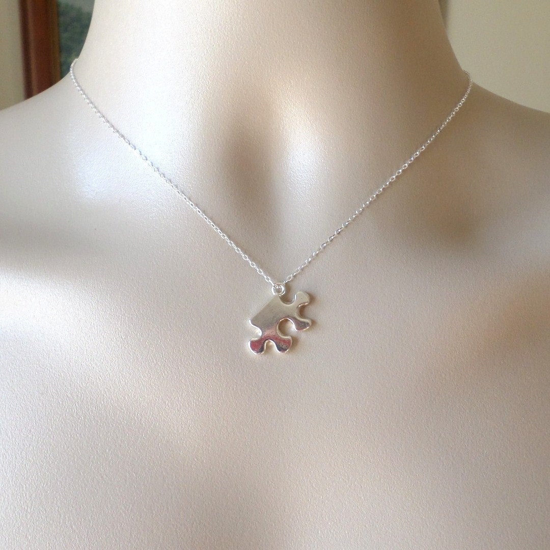 Puzzle Piece Necklace - Silver Puzzle Piece Necklace - Sterling Silver and Base Metal Necklace - Weddings - Bridesmaid Gifts