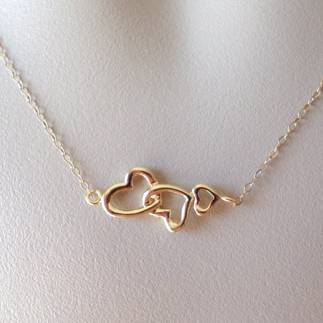 Gold Heart Necklace - Interlocking Triple Heart Necklace - Past, Present and Future Necklace, Bridesmaid gifts, Wedding, Bridal, Mothers Day