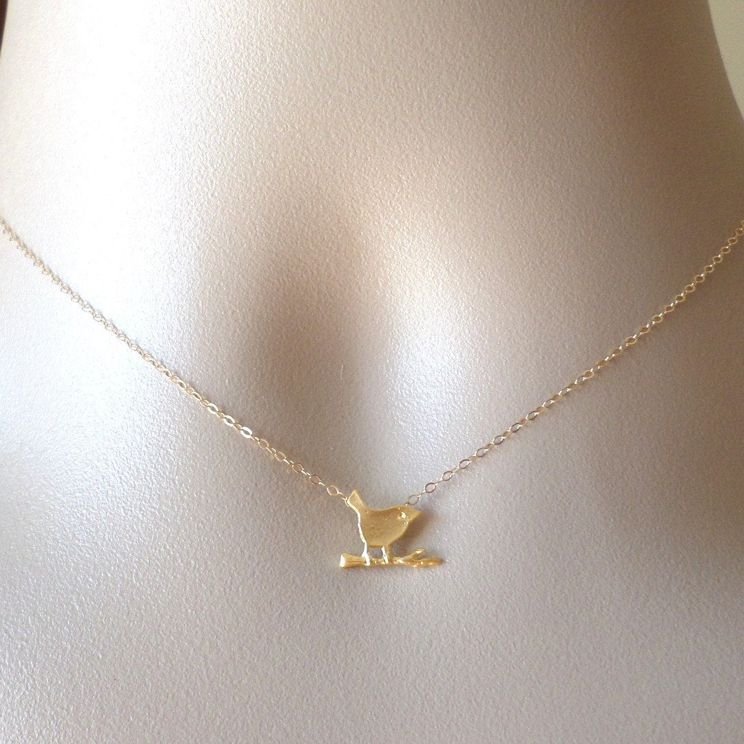 Gold Bird Necklace -  Bird on Branch Necklace, Gold Necklace, Mod Bird Necklace, Small  Bird Necklace - Bridesmaid Gifts - Mothers Day Gift