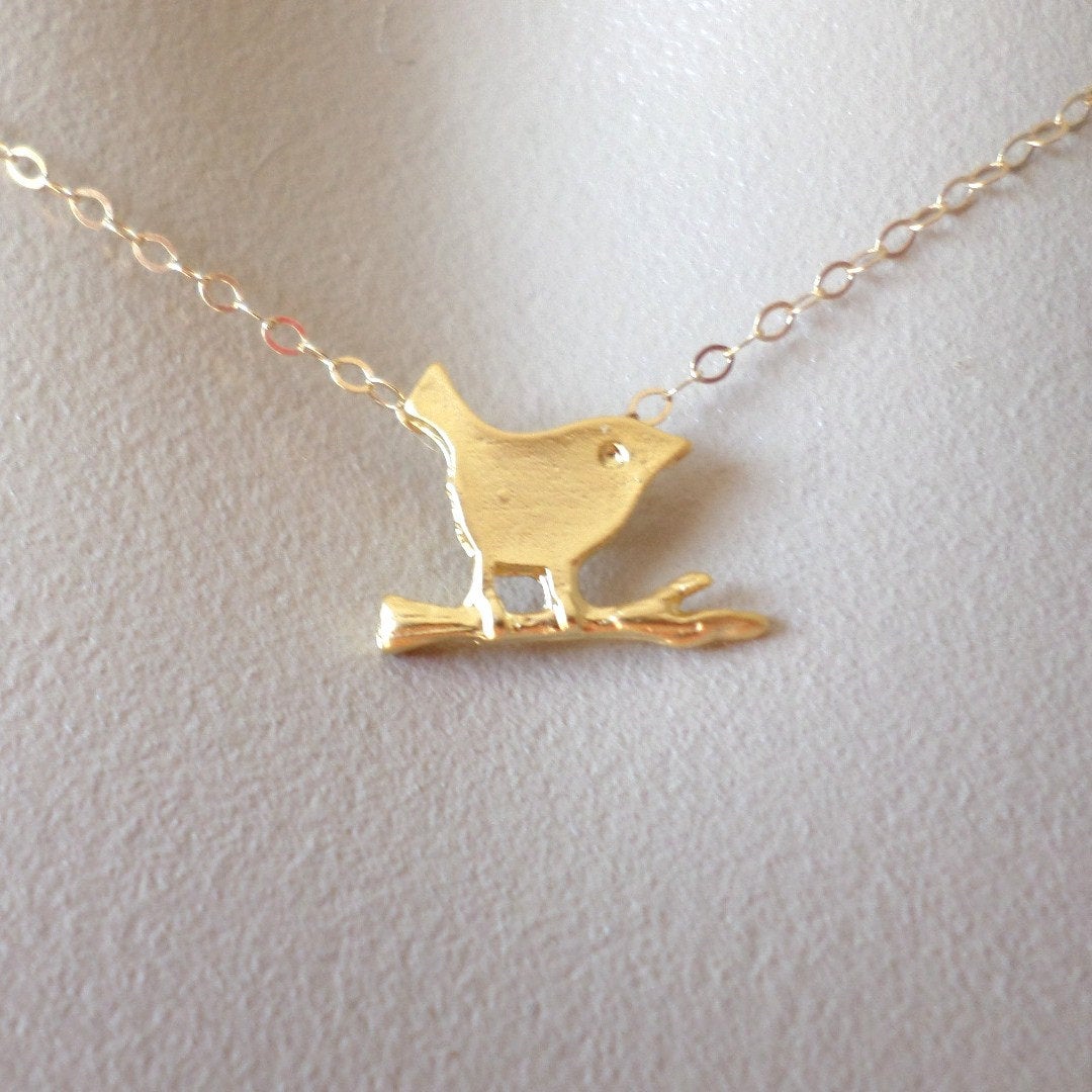 Gold Bird Necklace -  Bird on Branch Necklace, Gold Necklace, Mod Bird Necklace, Small  Bird Necklace - Bridesmaid Gifts - Mothers Day Gift