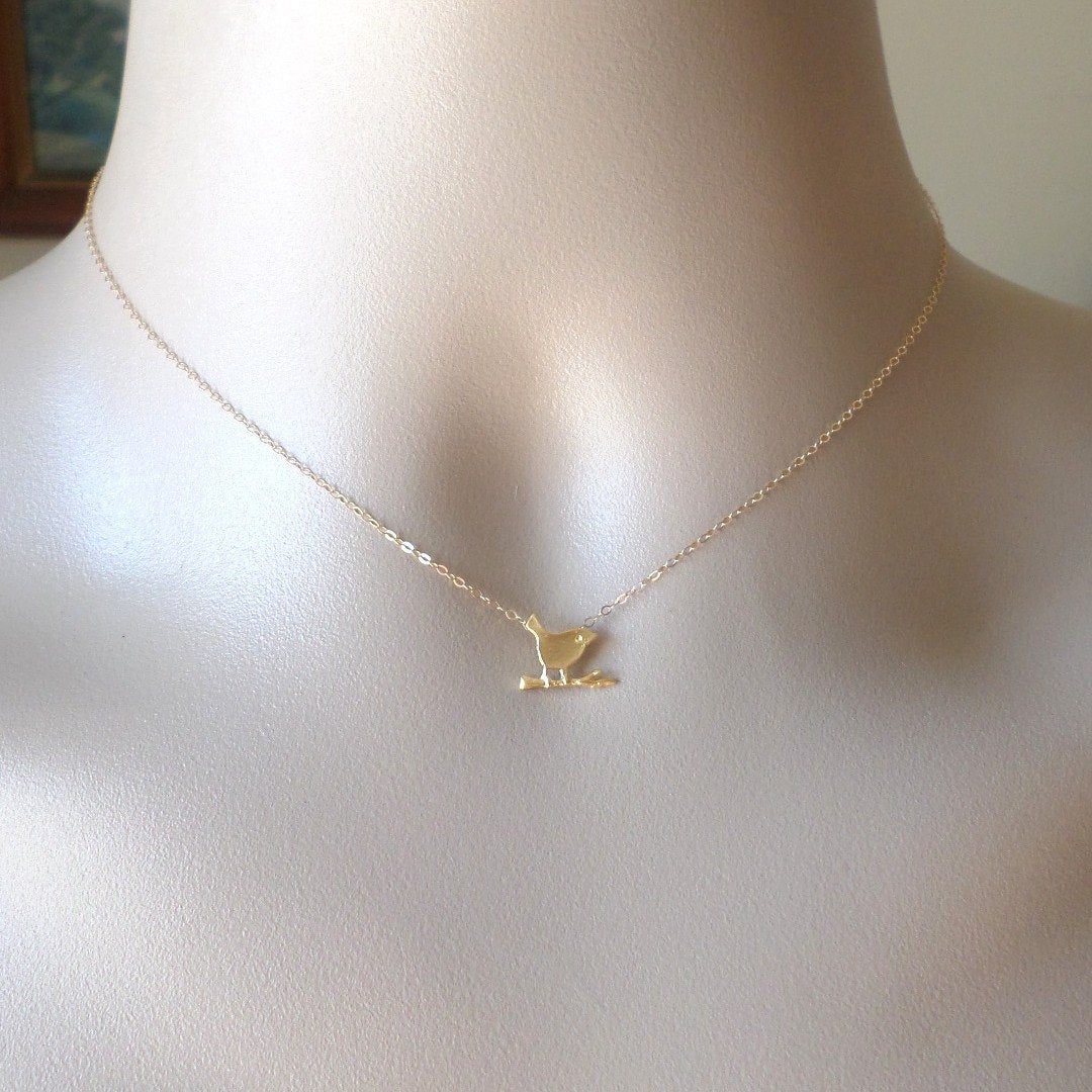 Gold Bird Necklace -  Bird on Branch Necklace, Gold Necklace, Mod Bird Necklace, Small  Bird Necklace - Bridesmaid Gifts - Mothers Day Gift