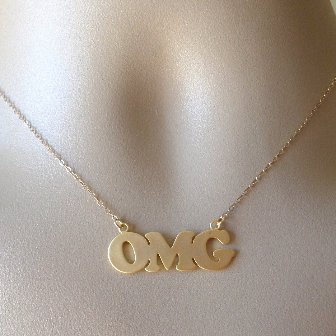 OMG Necklace - Gold Word Necklace - Gold OMG Word Necklace - Gold Filled and Gold Plated Brass Necklace - Mothers Day Gift