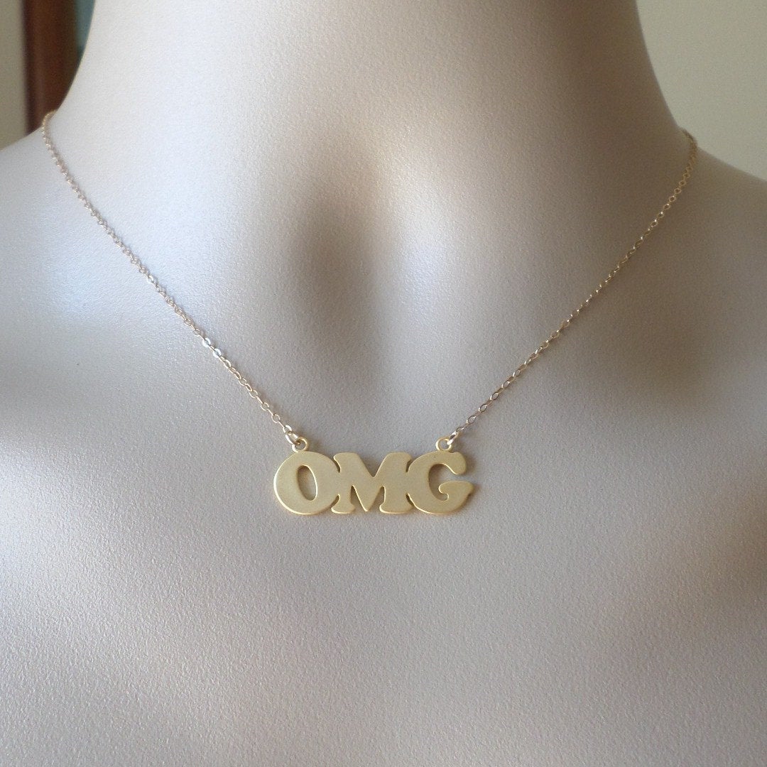 OMG Necklace - Gold Word Necklace - Gold OMG Word Necklace - Gold Filled and Gold Plated Brass Necklace - Mothers Day Gift