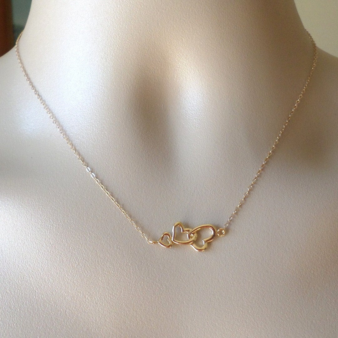 Gold Heart Necklace - Interlocking Triple Heart Necklace - Past, Present and Future Necklace, Bridesmaid gifts, Wedding, Bridal, Mothers Day