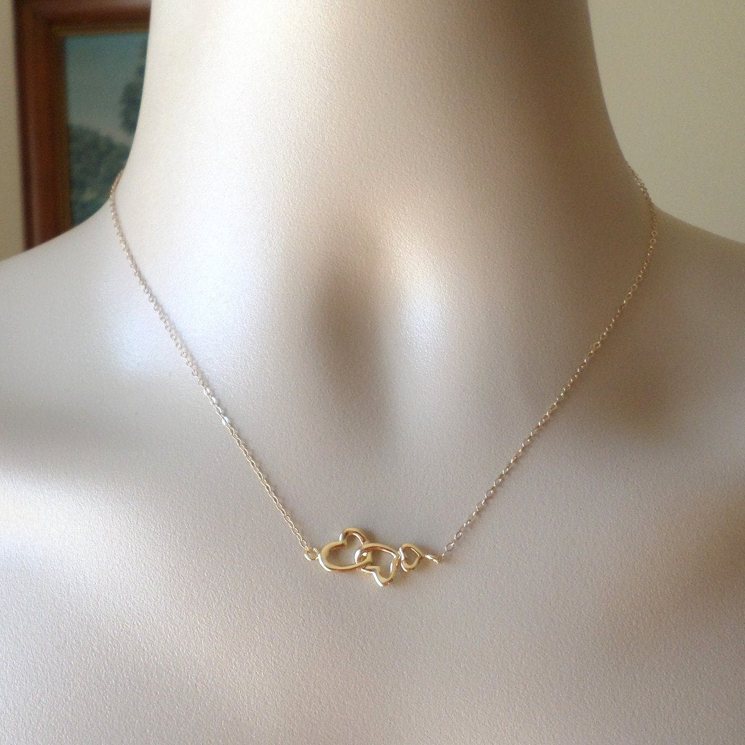 Gold Heart Necklace - Interlocking Triple Heart Necklace - Past, Present and Future Necklace, Bridesmaid gifts, Wedding, Bridal, Mothers Day