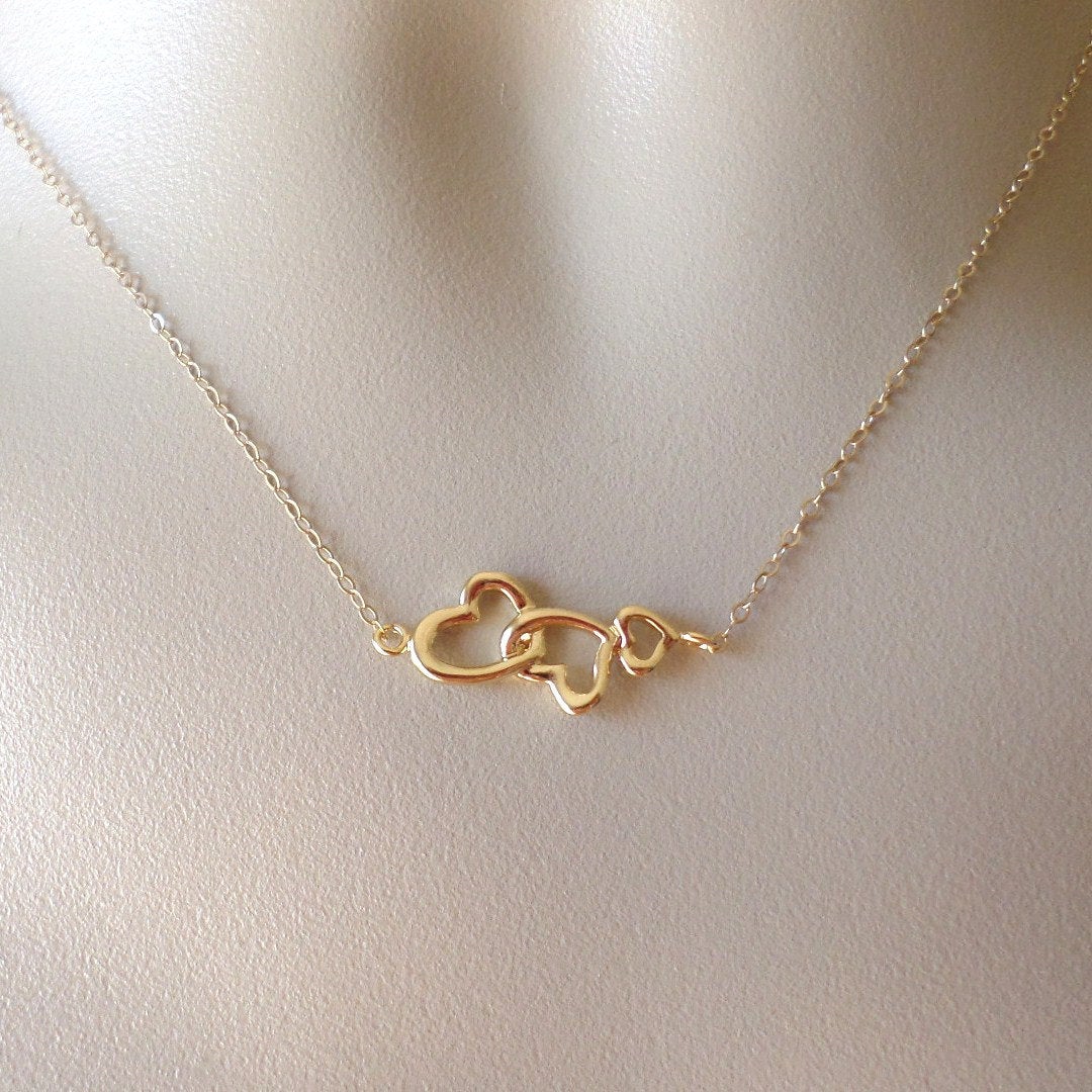 Gold Heart Necklace - Interlocking Triple Heart Necklace - Past, Present and Future Necklace, Bridesmaid gifts, Wedding, Bridal, Mothers Day