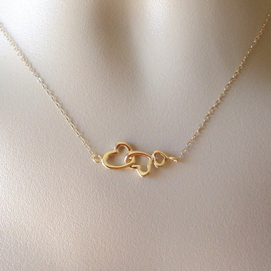 Gold Heart Necklace - Interlocking Triple Heart Necklace - Past, Present and Future Necklace, Bridesmaid gifts, Wedding, Bridal, Mothers Day