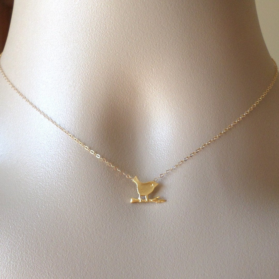 Gold Bird Necklace -  Bird on Branch Necklace, Gold Necklace, Mod Bird Necklace, Small  Bird Necklace - Bridesmaid Gifts - Mothers Day Gift