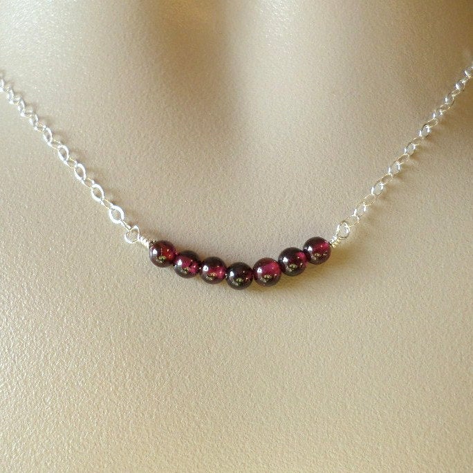 Silver Garnet Necklace - January Birthstone Jewelry  - Tiny Sterling Silver Curved Bar Gemstone Necklace - Gemstone Necklace - Mothers Day