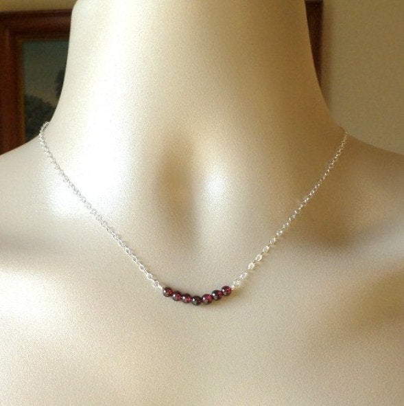 Silver Garnet Necklace - January Birthstone Jewelry  - Tiny Sterling Silver Curved Bar Gemstone Necklace - Gemstone Necklace - Mothers Day