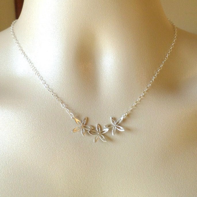 Silver Flower Necklace - Three Flower Necklace - Sterling Silver and Rhodium Plated Brass Necklace - Mothers Day Gift - Bridesmaid Gift