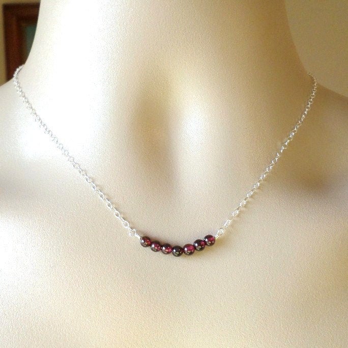 Silver Garnet Necklace - January Birthstone Jewelry  - Tiny Sterling Silver Curved Bar Gemstone Necklace - Gemstone Necklace - Mothers Day