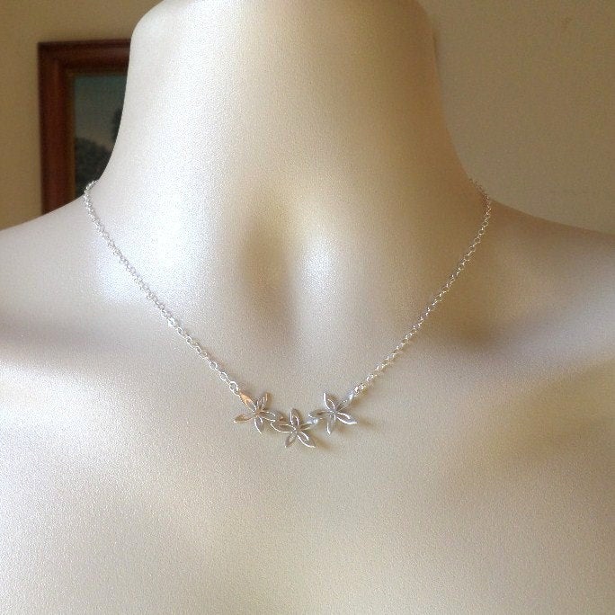 Silver Flower Necklace - Three Flower Necklace - Sterling Silver and Rhodium Plated Brass Necklace - Mothers Day Gift - Bridesmaid Gift