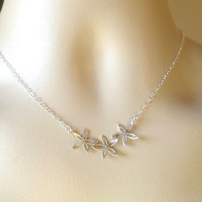 Silver Flower Necklace - Three Flower Necklace - Sterling Silver and Rhodium Plated Brass Necklace - Mothers Day Gift - Bridesmaid Gift