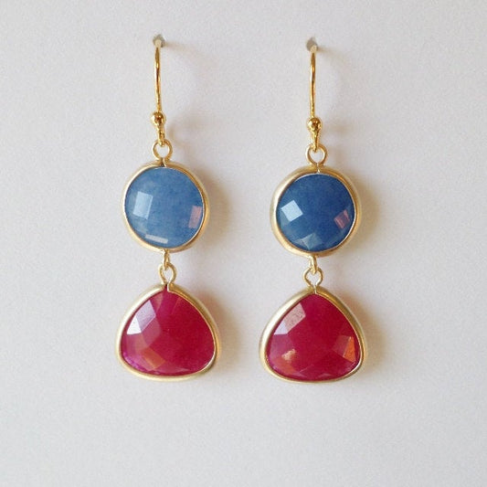 Ruby Gemstone and Blue Sapphire Gold Chandelier Earrings - Blue Earrings - Red Earrings - Gold Earrings - Mothers Day Gift