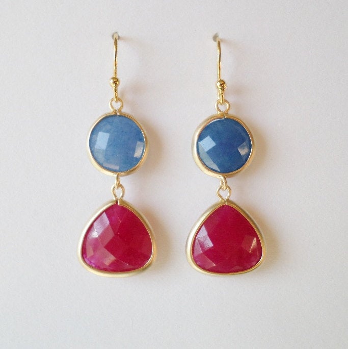 Ruby Gemstone and Blue Sapphire Gold Chandelier Earrings - Blue Earrings - Red Earrings - Gold Earrings - Mothers Day Gift