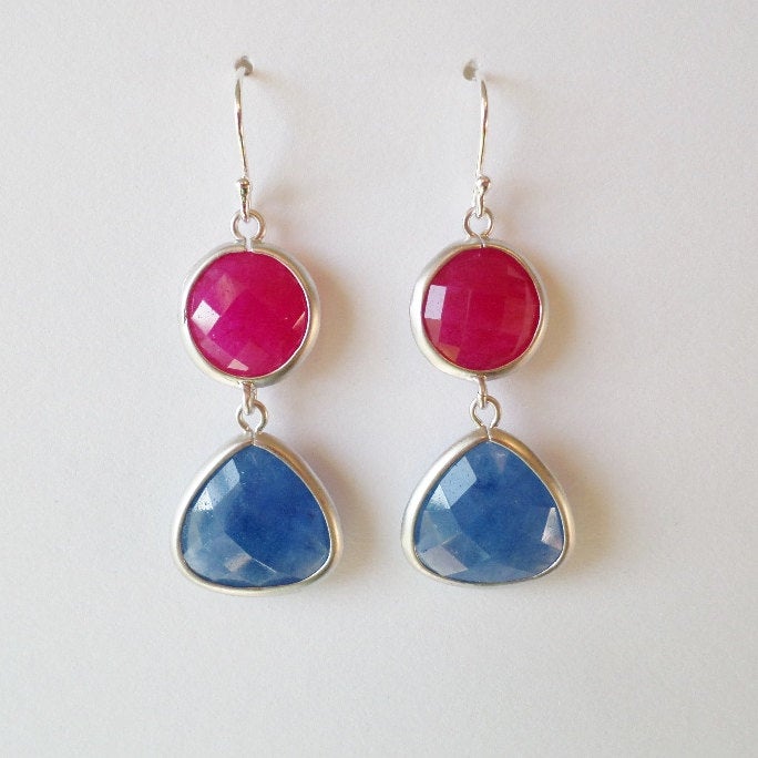 Blue Sapphire and Ruby Gemstone Silver Chandelier Earrings - Blue Earrings - Red Earrings - Silver Earrings - Mothers Day Gift