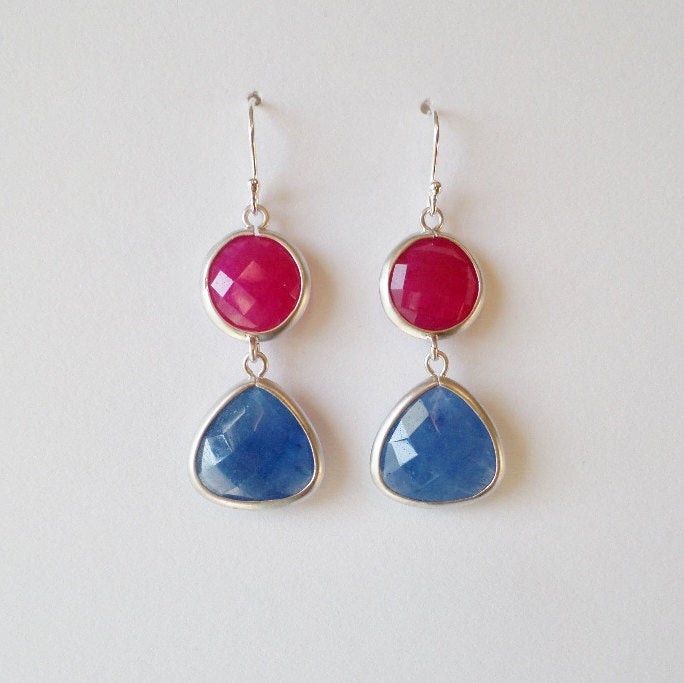 Blue Sapphire and Ruby Gemstone Silver Chandelier Earrings - Blue Earrings - Red Earrings - Silver Earrings - Mothers Day Gift