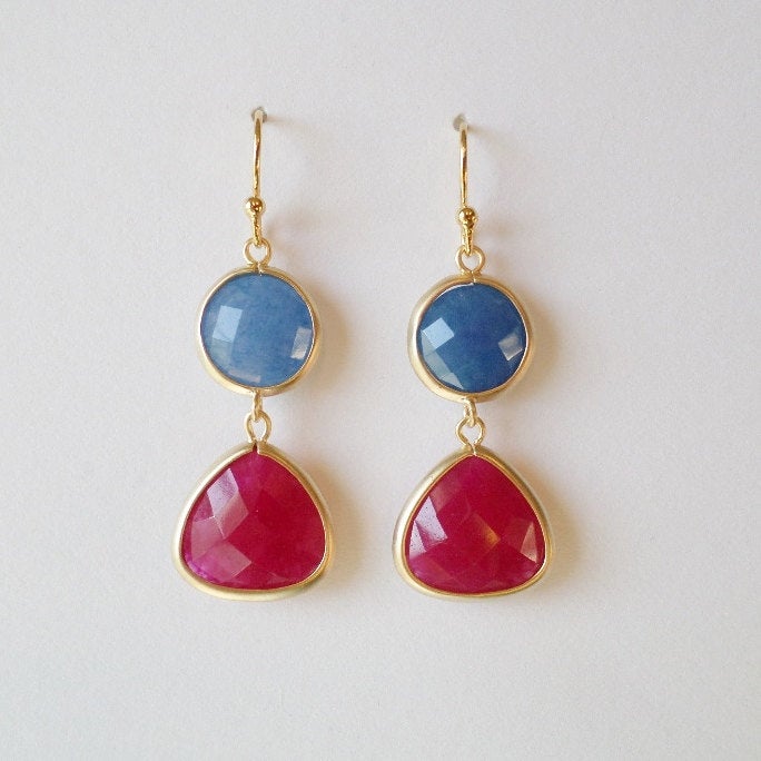 Ruby Gemstone and Blue Sapphire Gold Chandelier Earrings - Blue Earrings - Red Earrings - Gold Earrings - Mothers Day Gift