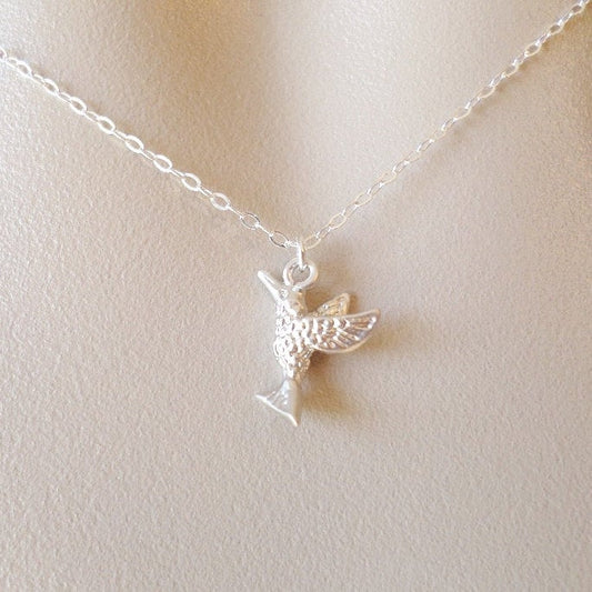 Hummingbird Necklace - Silver Hummingbird Necklace - Jewelry - Sterling Silver and Matte Rhodium Plated Necklace - Bridal - Mothers Day Gift