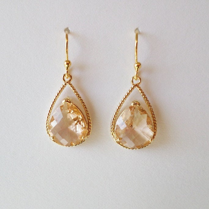 Peach and Gold Chandelier Earrings - Champaigne (Peach) Colored Earrings - Gold Earrings - Birthstone Jewelry - Mothers Day Gift