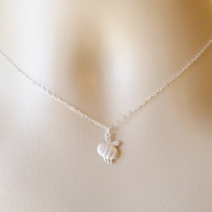 Bee Necklace - Silver Happy Bee Necklace - Super Tiny Silver Bee Necklace - Mothers Day Gift