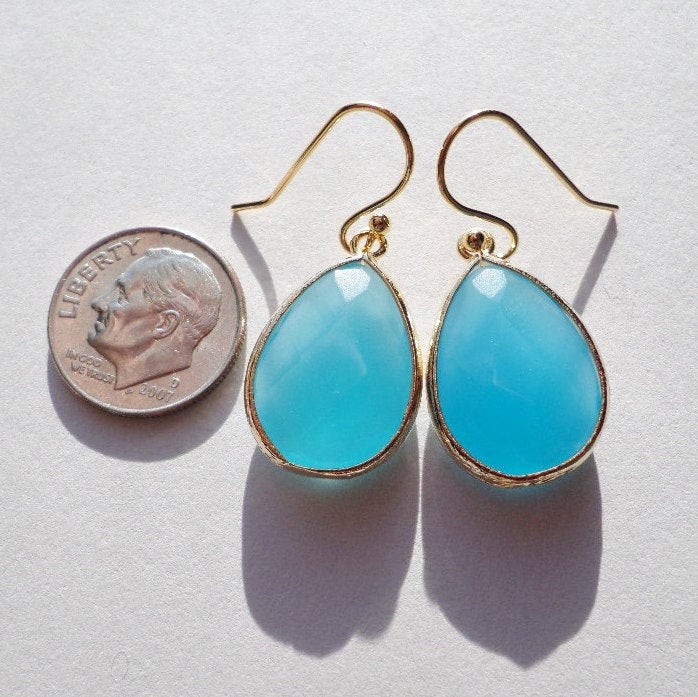 Ocean Blue Earrings - Gold and Blue Earrings - Gold Earrings - Blue Earrings - Drop Earrings - Gold Framed Blue Earrings - Christmas Gifts