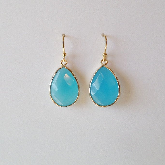 Ocean Blue Earrings - Gold and Blue Earrings - Gold Earrings - Blue Earrings - Drop Earrings - Gold Framed Blue Earrings - Christmas Gifts