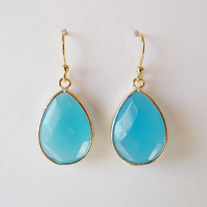 Ocean Blue Earrings - Gold and Blue Earrings - Gold Earrings - Blue Earrings - Drop Earrings - Gold Framed Blue Earrings - Christmas Gifts