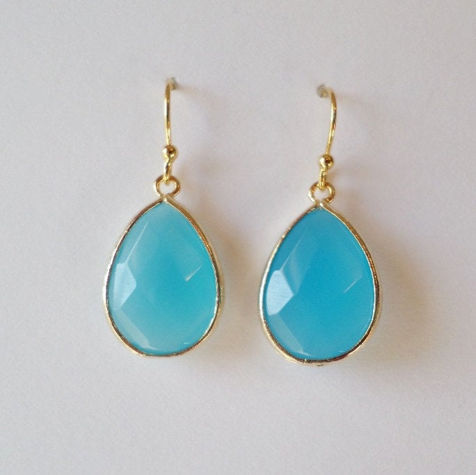 Ocean Blue Earrings - Gold and Blue Earrings - Gold Earrings - Blue Earrings - Drop Earrings - Gold Framed Blue Earrings - Christmas Gifts