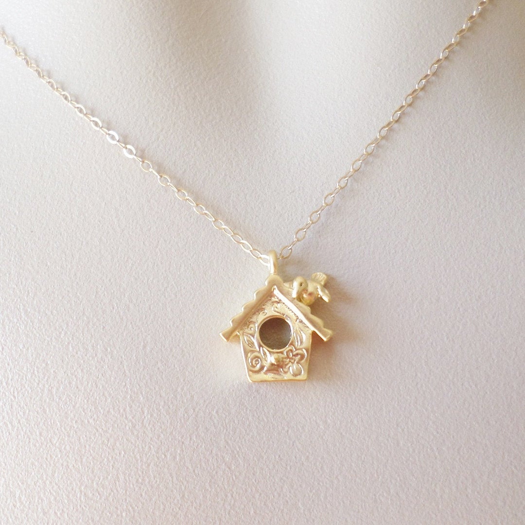 Gold Birdhouse Necklace - Bird Necklace - Gold Bird Necklace - Bird Watching - Bird Jewelry - Christmas Gift