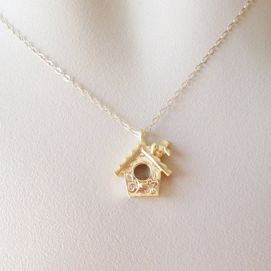 Gold Birdhouse Necklace - Bird Necklace - Gold Bird Necklace - Bird Watching - Bird Jewelry - Christmas Gift