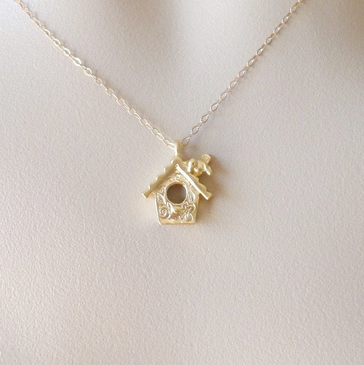 Gold Birdhouse Necklace - Bird Necklace - Gold Bird Necklace - Bird Watching - Bird Jewelry - Christmas Gift