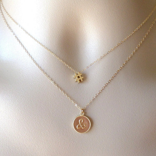 Layering Necklace - Set of Two Gold Necklaces - & and # Gold Necklaces -  Number Necklace - Gold Ampersand Necklace - Christmas Gift