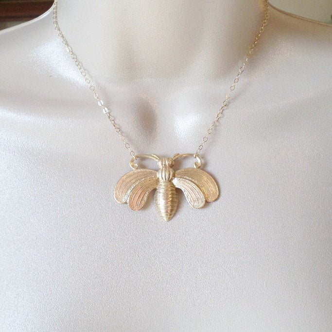 Bee Necklace - Gold Large Bee Necklace - Gold and Brass Necklace - Nature Inspired Jewelry - Insect or Bug Necklace - Christmas Gift