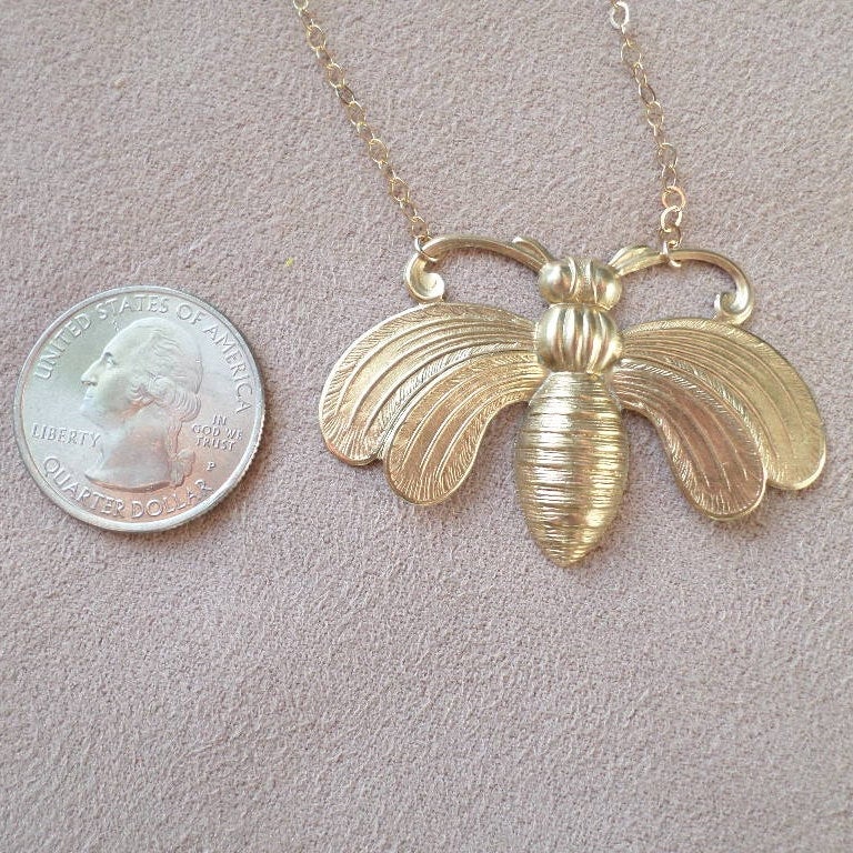 Bee Necklace - Gold Large Bee Necklace - Gold and Brass Necklace - Nature Inspired Jewelry - Insect or Bug Necklace - Christmas Gift