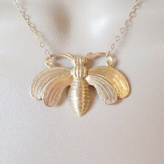 Bee Necklace - Gold Large Bee Necklace - Gold and Brass Necklace - Nature Inspired Jewelry - Insect or Bug Necklace - Christmas Gift