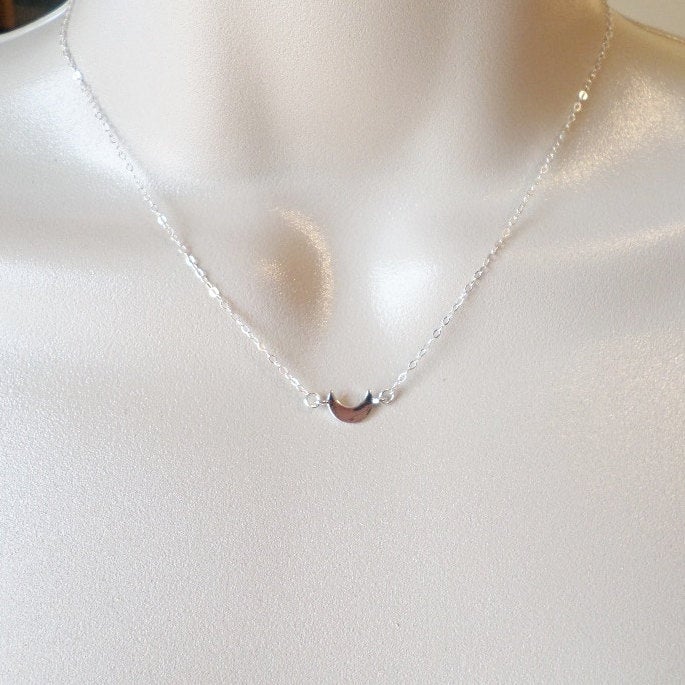 Sideways Silver Moon Necklace - Tiny Flat Silver Moon Necklace - Crescent Moon Necklace - Sterling Silver Necklace -Christmas Gift