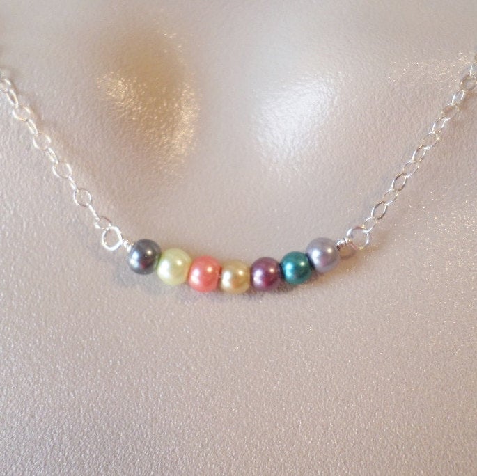 Silver Pearl Necklace - Multicolored Pearl Necklace - Bar Necklace - Silver Bar Necklace - Tiny Pearl Necklace - Christmas Gift