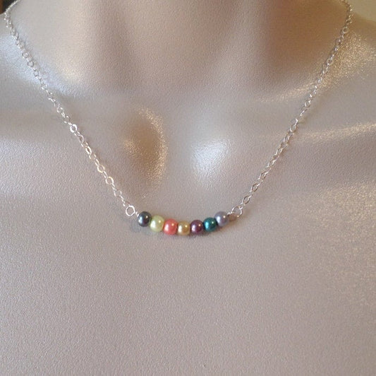 Silver Pearl Necklace - Multicolored Pearl Necklace - Bar Necklace - Silver Bar Necklace - Tiny Pearl Necklace - Christmas Gift