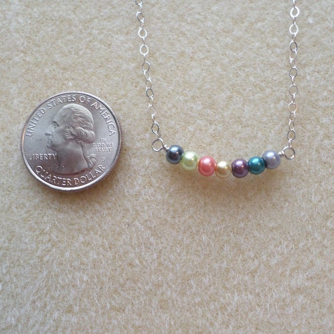 Silver Pearl Necklace - Multicolored Pearl Necklace - Bar Necklace - Silver Bar Necklace - Tiny Pearl Necklace - Christmas Gift