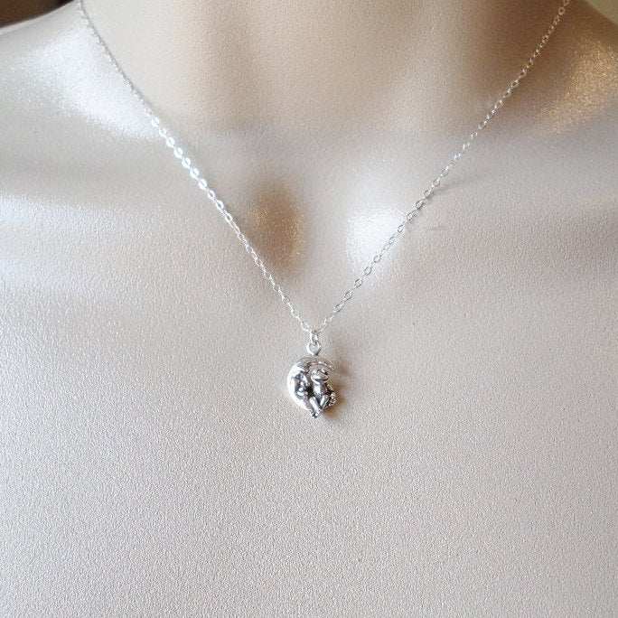 Silver Moon Necklace - Moon and Frog Necklace - Tiny Moon Necklace - Sterling Silver Necklace- Mothers Day Gift - Weddings - Bridesmaid Gift