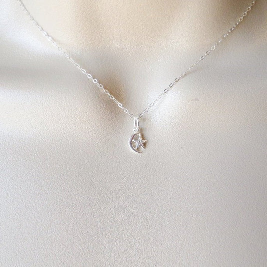 Silver Moon and Star Necklace, Crescent moon and star necklace, Sterling Silver Moon Necklace, Tiny Moon Necklace, Bridal, Mothers Day Gift