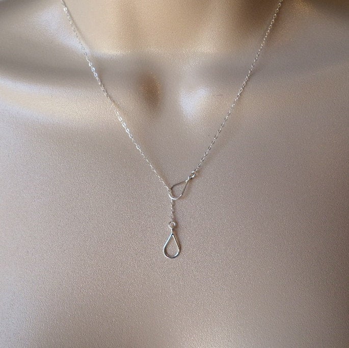 Lariat Necklace, Silver Lariat Necklace, Sterling Silver Lariat Teardrop Necklace, Bridesmaid Gifts, Weddings, Bridal, Christmas Gift