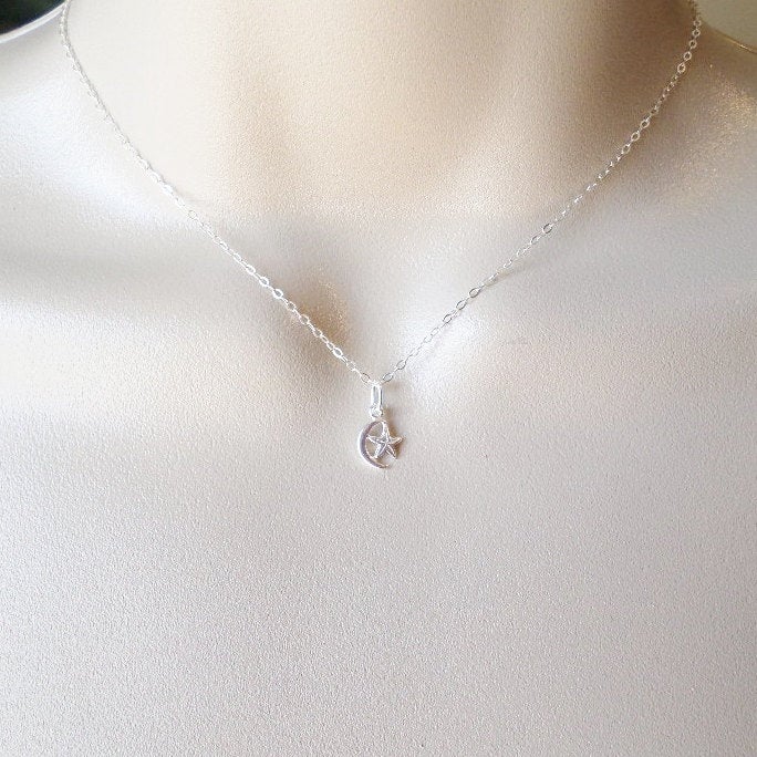 Silver Moon and Star Necklace, Crescent moon and star necklace, Sterling Silver Moon Necklace, Tiny Moon Necklace, Bridal, Mothers Day Gift