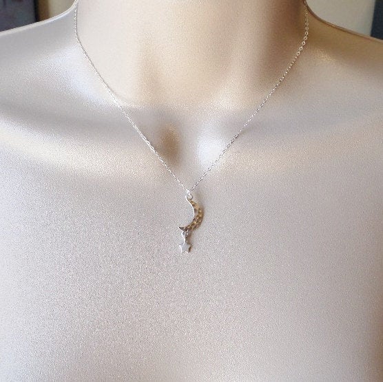 Hammered Silver Moon and Star Necklace, Crescent moon and star necklace, Sterling Silver Necklace, Moon Necklace, Bridal, Mothers Day Gift