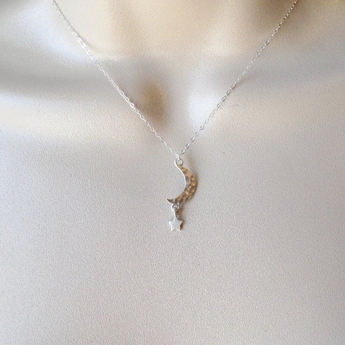 Hammered Silver Moon and Star Necklace, Crescent moon and star necklace, Sterling Silver Necklace, Moon Necklace, Bridal, Mothers Day Gift