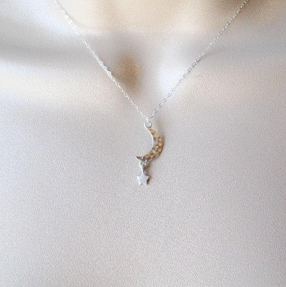 Hammered Silver Moon and Star Necklace, Crescent moon and star necklace, Sterling Silver Necklace, Moon Necklace, Bridal, Mothers Day Gift