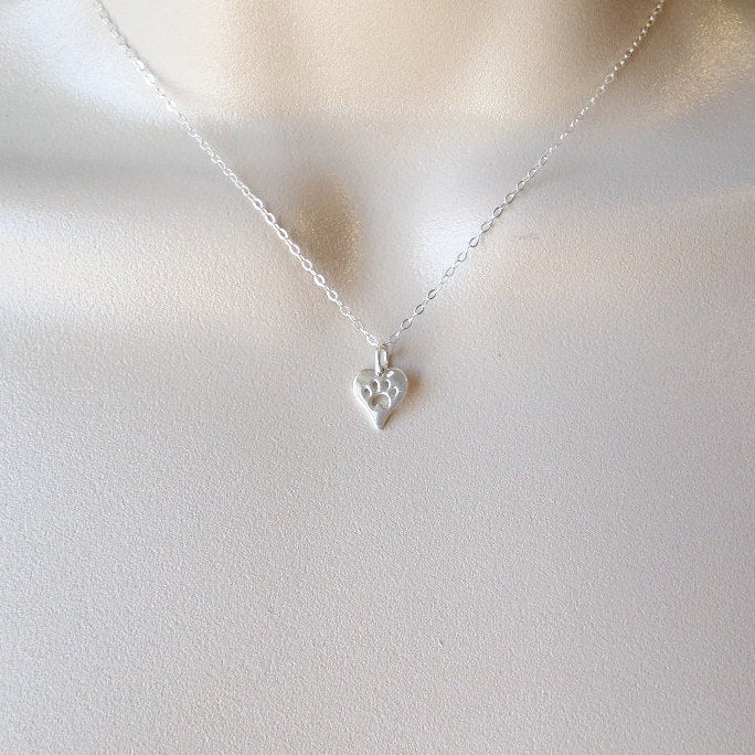 Heart Necklace, Silver Heart with Paw Print Cutout Necklace, Sterling Silver Necklace, Layering Necklace, Christmas Gift, Mothers Day Gift