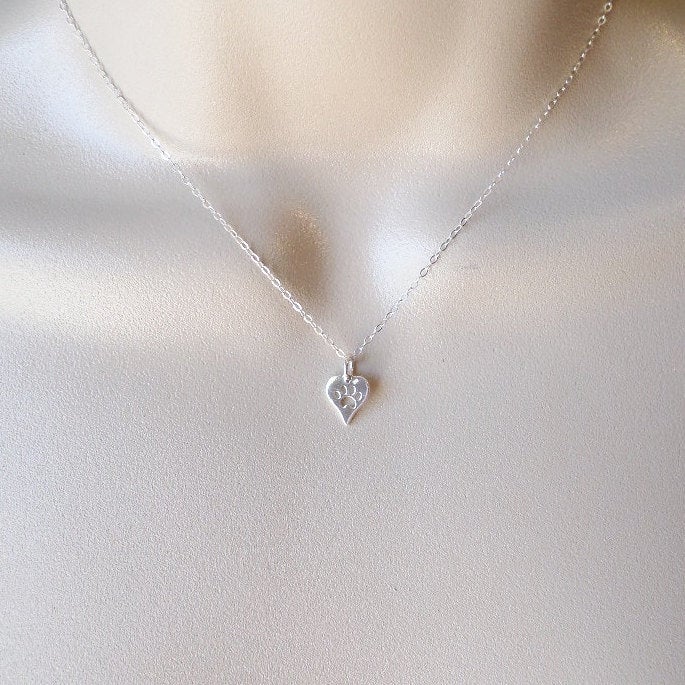 Heart Necklace, Silver Heart with Paw Print Cutout Necklace, Sterling Silver Necklace, Layering Necklace, Christmas Gift, Mothers Day Gift